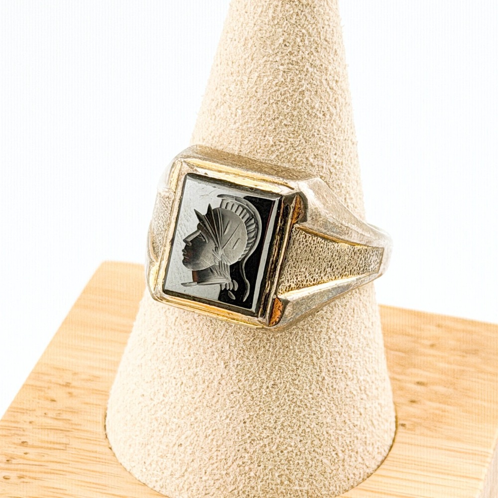Vintage Sterling Silver Carved Hematite Intaglio Roman Centurion Signet Ring 12